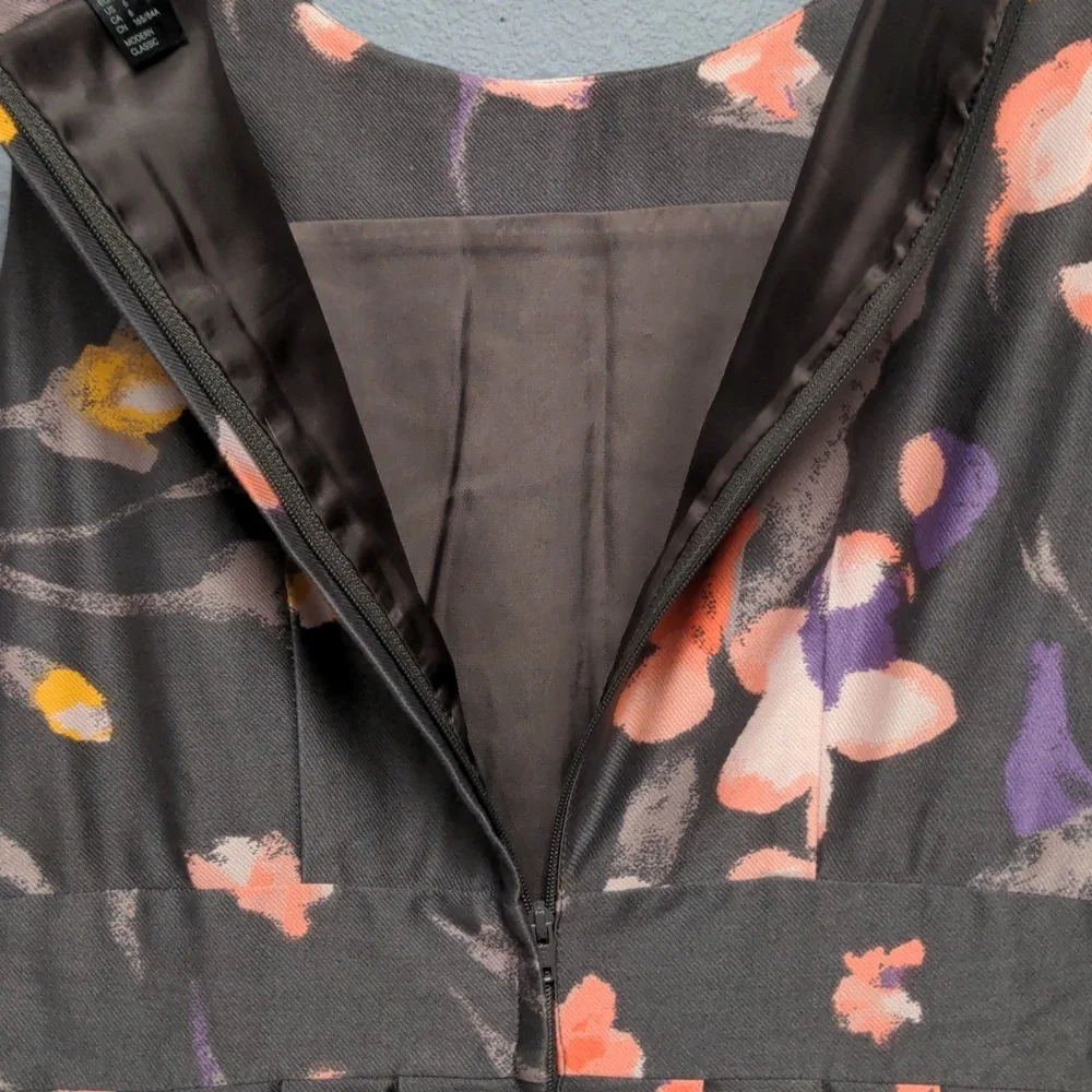 sz 6 Grey floral tea length dress sleeveless pockets fully lined hidden zipper - Picture 10 of 13
